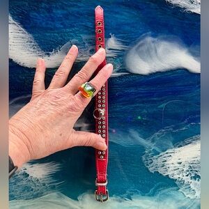 Red Leather dog collar with Rhinestones adjustable top leash ring Size Small